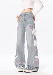 Boutique Navy Heart Embroideried Pockets Denim Wide Leg Pants Spring
