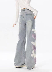 Boutique Navy Heart Embroideried Pockets Denim Wide Leg Pants Spring