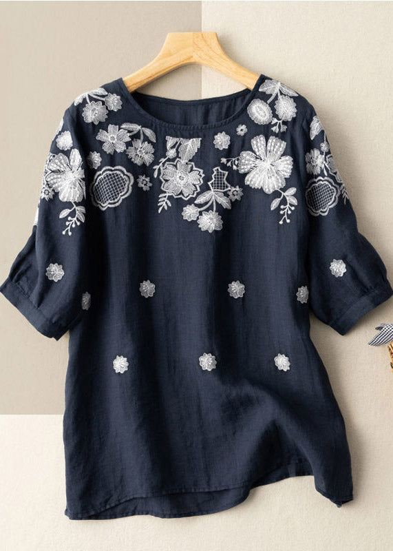 Boutique Navy O-Neck Besticktes Blumen-Baumwollhemd mit kurzen Ärmeln