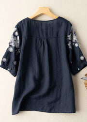 Boutique Navy O-Neck Embroidered Floral Cotton Shirt Short Sleeve