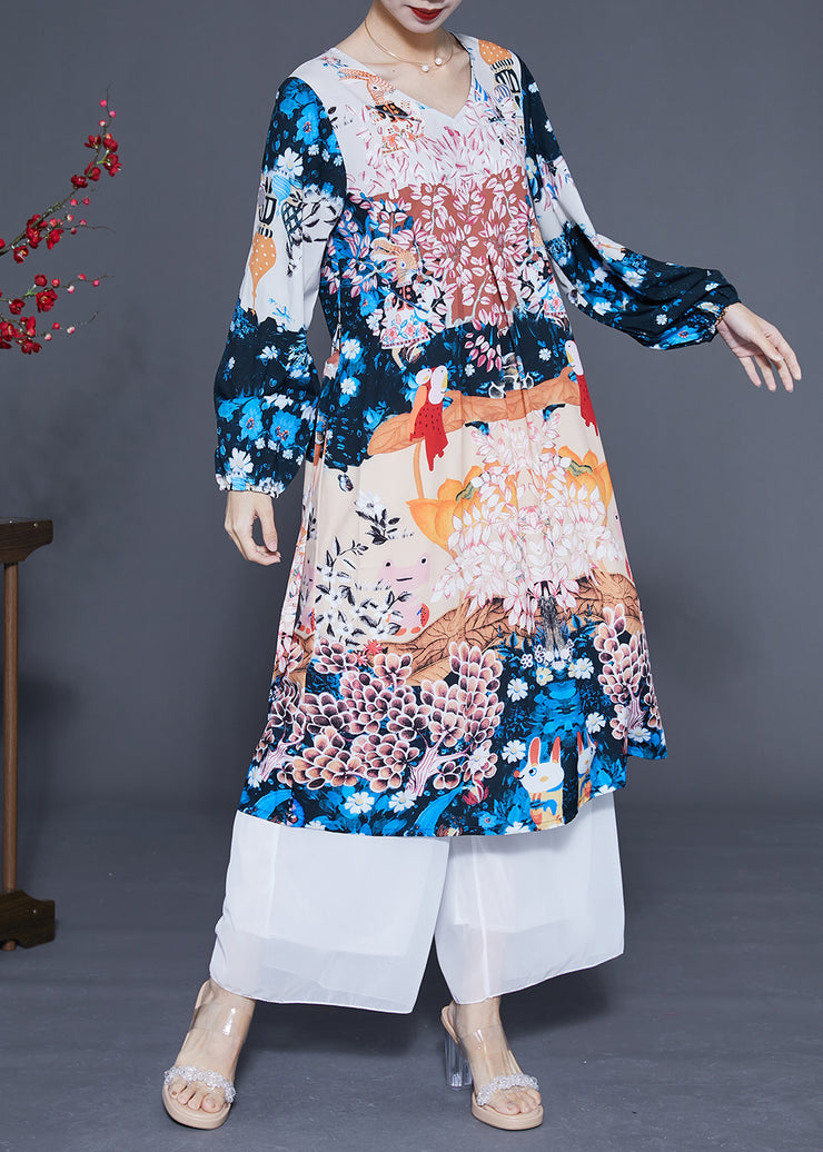 Boutique Navy Print Oversized Silk Holiday Dress Summer