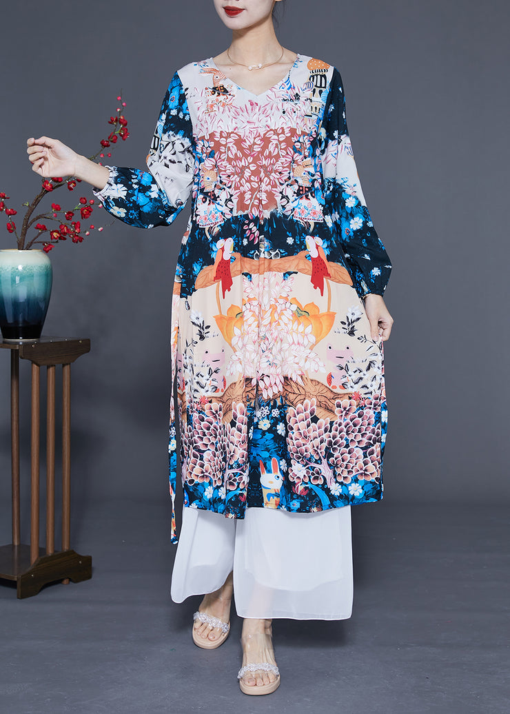 Boutique Navy Print Oversized Silk Holiday Dress Summer