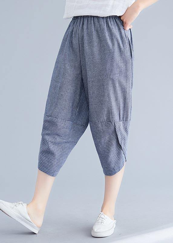 Boutique Navy Striped Patchwork Summer Cotton Linen Pants - SooLinen