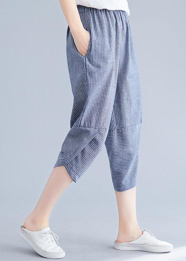 Boutique Navy Striped Patchwork Summer Cotton Linen Pants - SooLinen