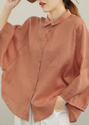Boutique Orange Batwing Sleeve Peter Pan Collar Linen Blouse Tops Summer - SooLinen