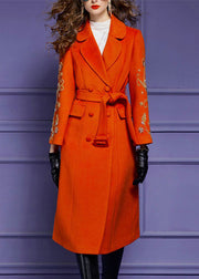 Boutique Orange Embroidered Tie Waist Patchwork Woolen Long Coat Fall