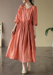Boutique Orange O-Neck Cinched Patchwork Solid Linen Long Dress Summer