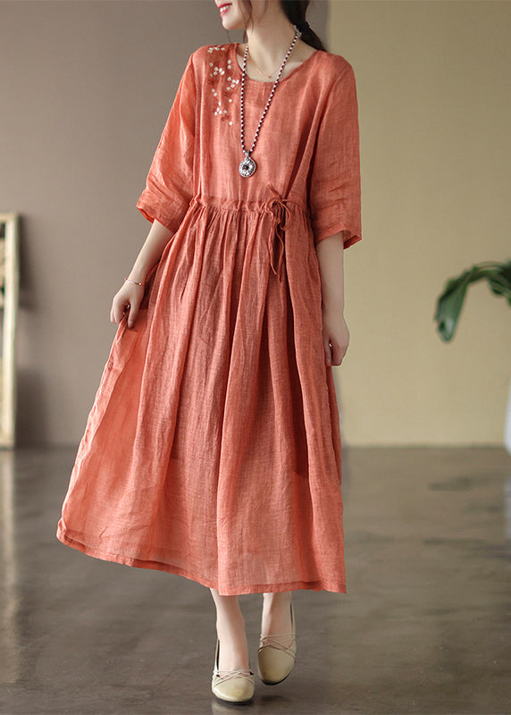 Boutique Orange O-Neck Cinched Patchwork Solid Linen Long Dress Summer