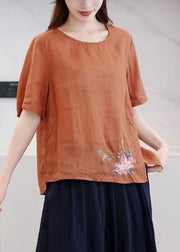 Boutique Orange O-Neck Embroidered Low High Design Ramie T Shirt Summer