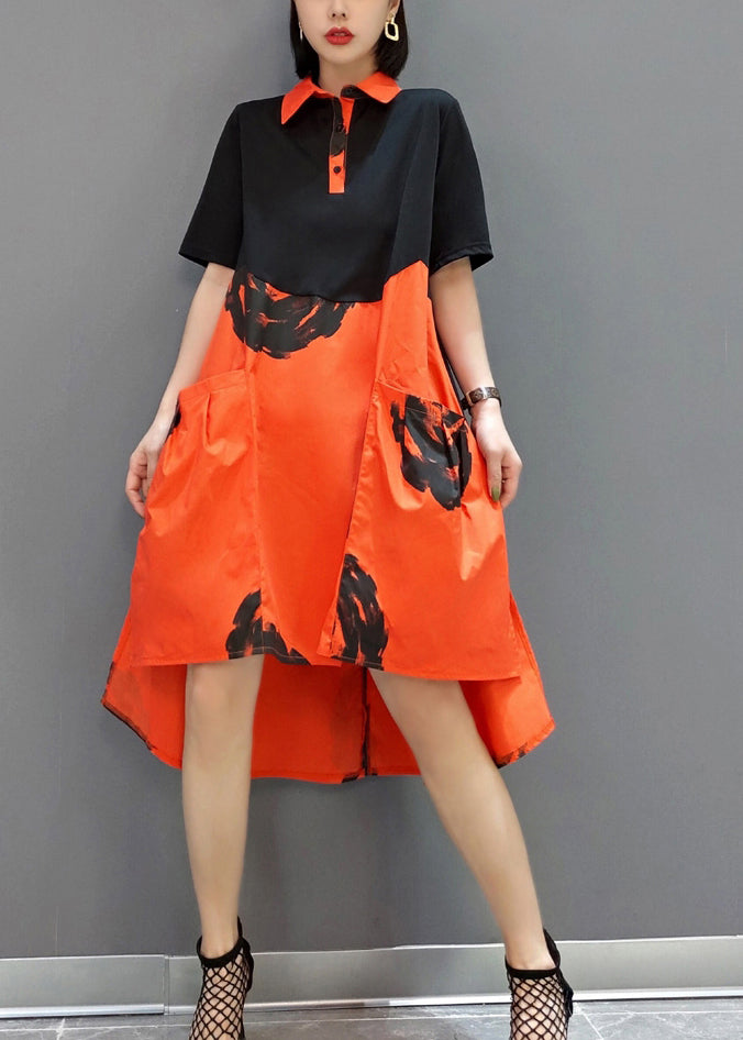 Boutique Orange Peter Pan Collar Patchwork Print Cotton Robe Dresses Short Sleeve