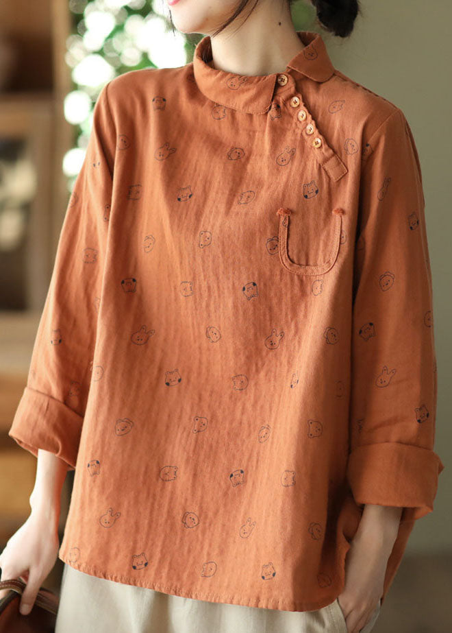 Boutique Orange Peter Pan Collar Print Button Cotton Tops Long Sleeve