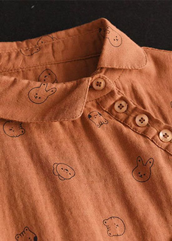 Boutique Orange Peter Pan Collar Print Button Cotton Tops Long Sleeve