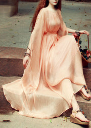 Boutique Orange Pink O-Neck Tie Waist Exra Large Hem Silk Robe Dresses Batwing Sleeve