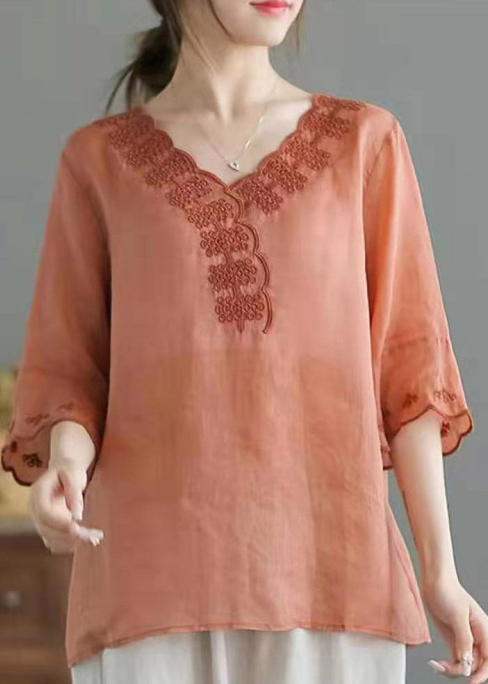 Boutique Orange V Neck Embroidered Linen Shirt Top Half Sleeve