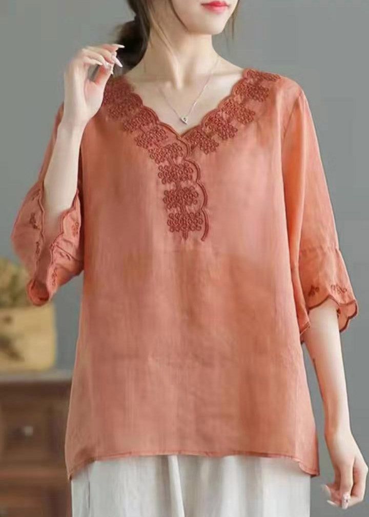 Boutique Orange V Neck Embroidered Linen Shirt Top Half Sleeve