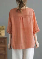Boutique Orange V-Ausschnitt besticktes Leinenhemd mit halben Ärmeln