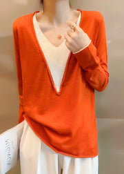 Boutique Orange V Neck Fake Two Pieces Cashmere Knit Sweater Long Sleeve