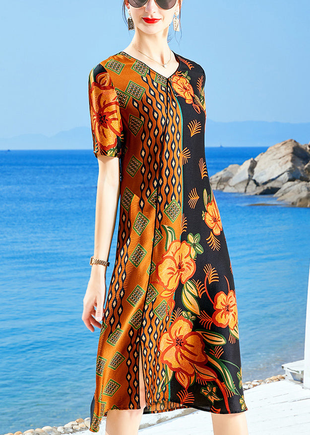 Boutique Orange V Neck Patchwork Print Silk Dress For Wemon Short Sleeve