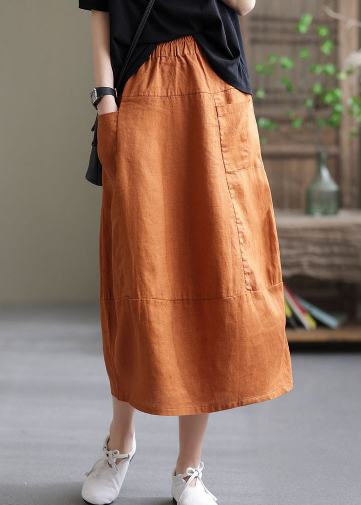Boutique Orange elastische Taille Taschen Patchwork Leinenrock Frühling