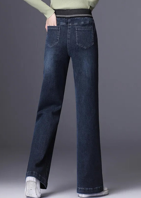 Boutique Original Design Blue Grey Elastic Waist Pockets Cotton Denim Straight Pants Spring