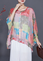 Boutique Oversized Print Wrinkled Chiffon Blouse Top Batwing Sleeve