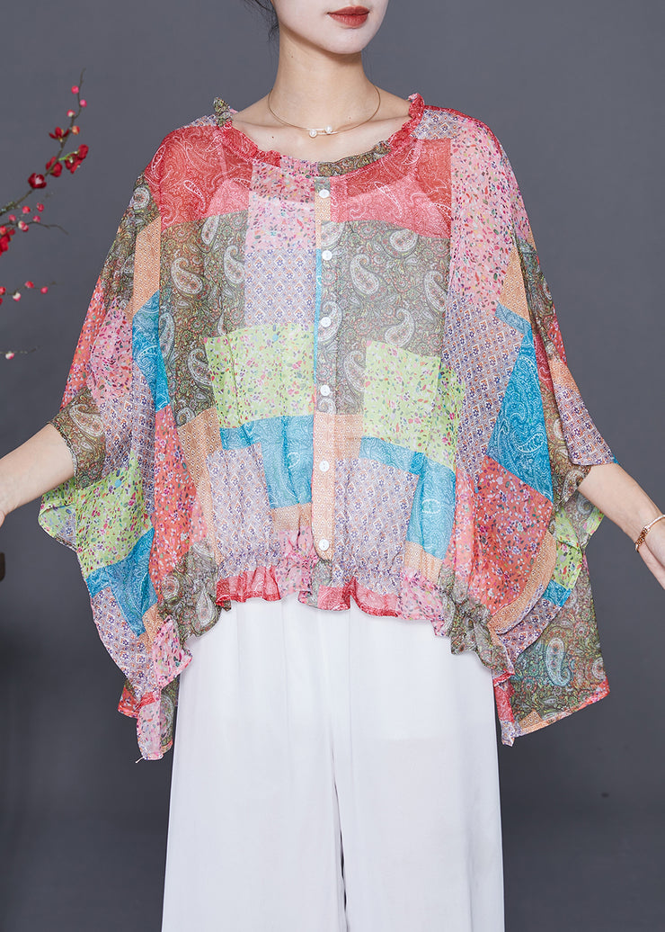 Boutique Oversized Print Wrinkled Chiffon Blouse Top Batwing Sleeve
