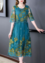 Boutique Peacock Blue Embroidered Slim Fit Tulle Dress Half Sleeve
