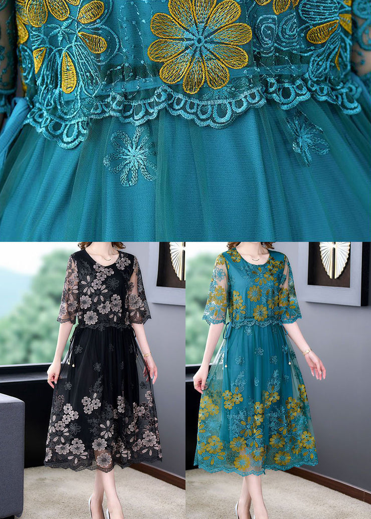 Boutique Peacock Blue Embroidered Slim Fit Tulle Dress Half Sleeve