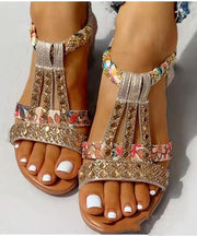 Boutique Peep Toe Wedge Sandals Golden Gemstone Faux Leather Walking Sandals