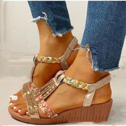 Boutique Peep Toe Wedge Sandals Golden Gemstone Faux Leather Walking Sandals