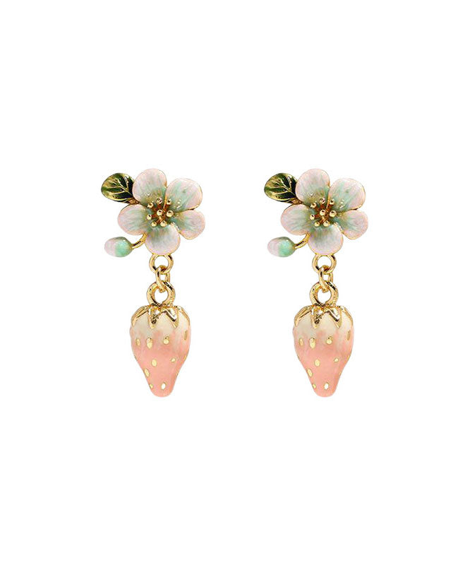 Boutique Pink Alloy Inlaid Oil Drip Floral Strawberry Drop Earrings