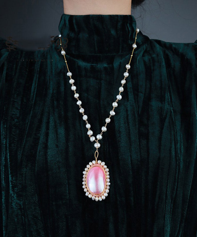 Boutique Pink Asymmetricar Pearl Shell Flower Pendant Necklace