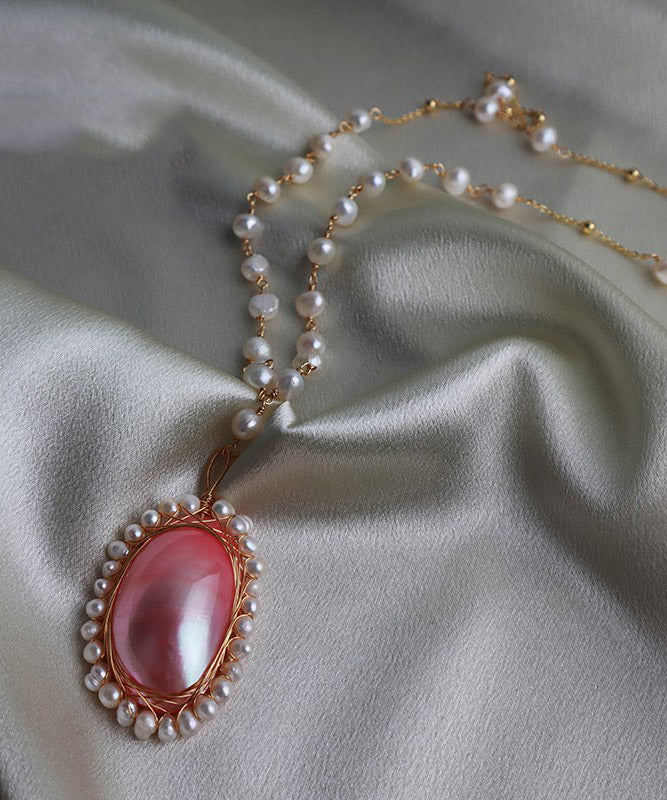 Boutique Pink Asymmetricar Pearl Shell Flower Pendant Necklace