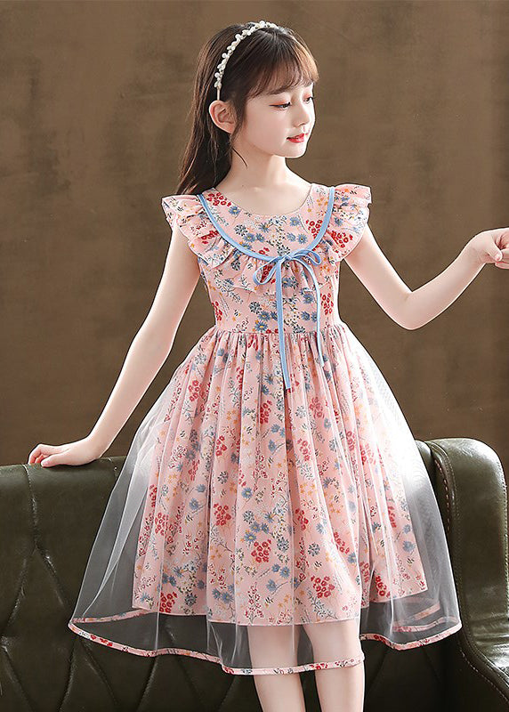 Boutique Pink Cinched Print Tulle Kids Girls Robe Dresses Summer