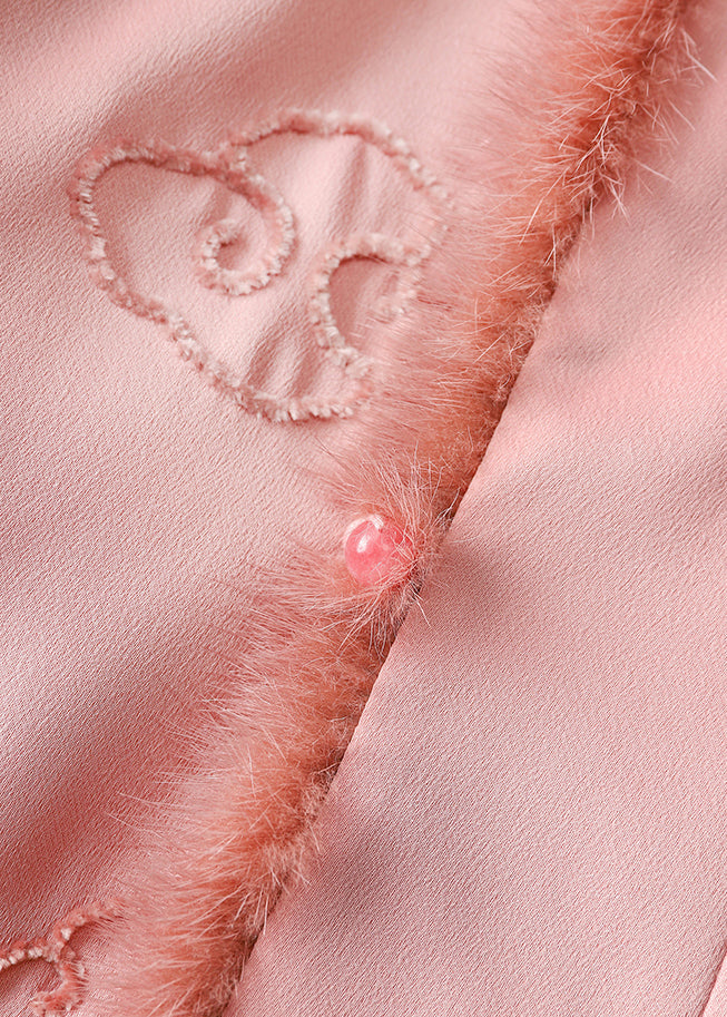Boutique Pink Embroidered Mink Hair Patchwork Parka Winter