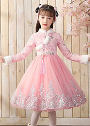 Boutique Pink Fur Collar Tulle Patchwork Warm Fleece Girls Maxi Dresses Winter
