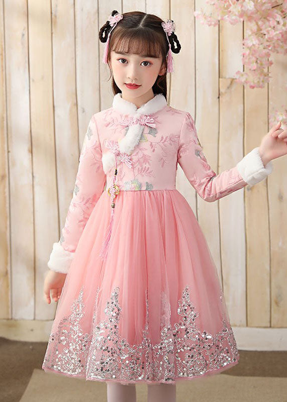Boutique Pink Fur Collar Tulle Patchwork Warm Fleece Girls Maxi Dresses Winter