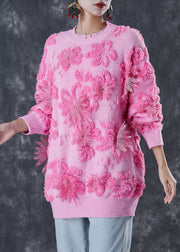 Boutique Pink Jacquard Chunky Knit Sweater Tops Winter