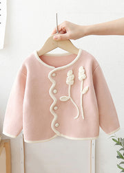 Boutique Pink O Neck Button Patchwork Knit Baby Coat Long Sleeve