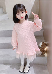 Boutique Pink O Neck Ruffled Tulle Patchwork Cotton Baby Girls Dress Fall