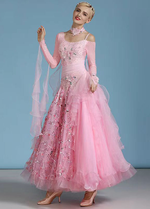 Boutique Pink One Shoulder Embroideried Zircon Patchwork Dance Dresses Long Sleeve