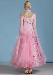 Boutique Pink One Shoulder Embroideried Zircon Patchwork Dance Dresses Long Sleeve