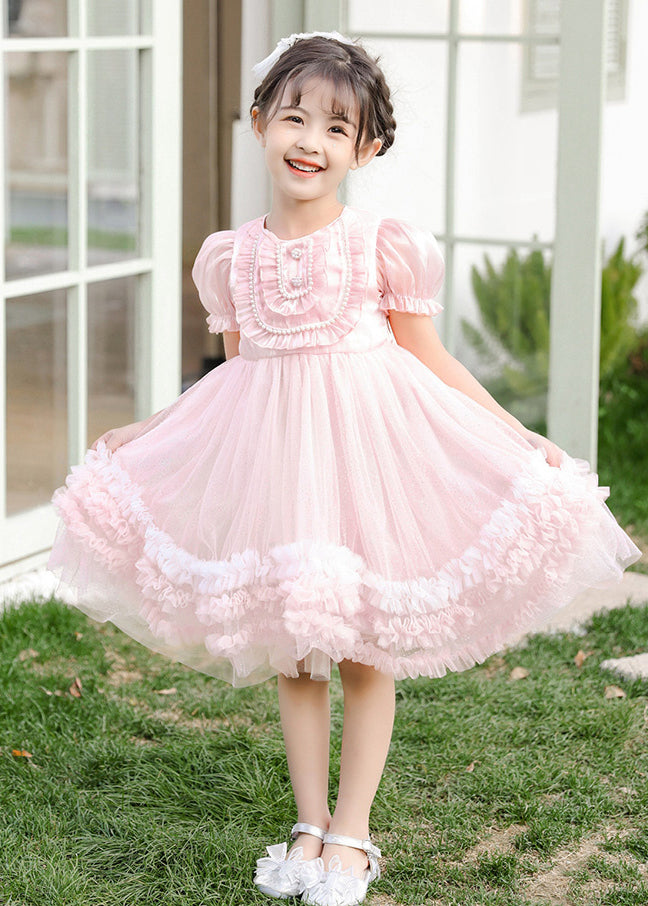 Boutique Pink Puff Sleeve Nail Bead Tulle Baby Girls Mid Dress Summer