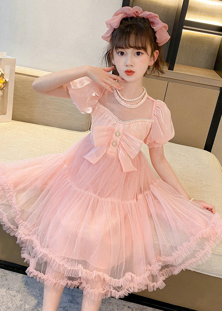 Boutique Pink Puff Sleeve Patchwork Tulle Baby Girls Maxi Dress Summer