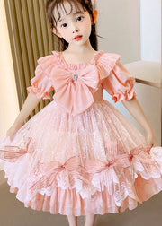 Boutique Pink Ruffled Bow Patchwork Tulle Kids Girls Dress Summer