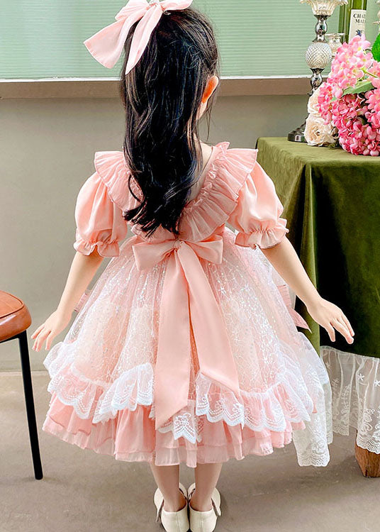 Boutique Pink Ruffled Bow Patchwork Tulle Kids Girls Dress Summer
