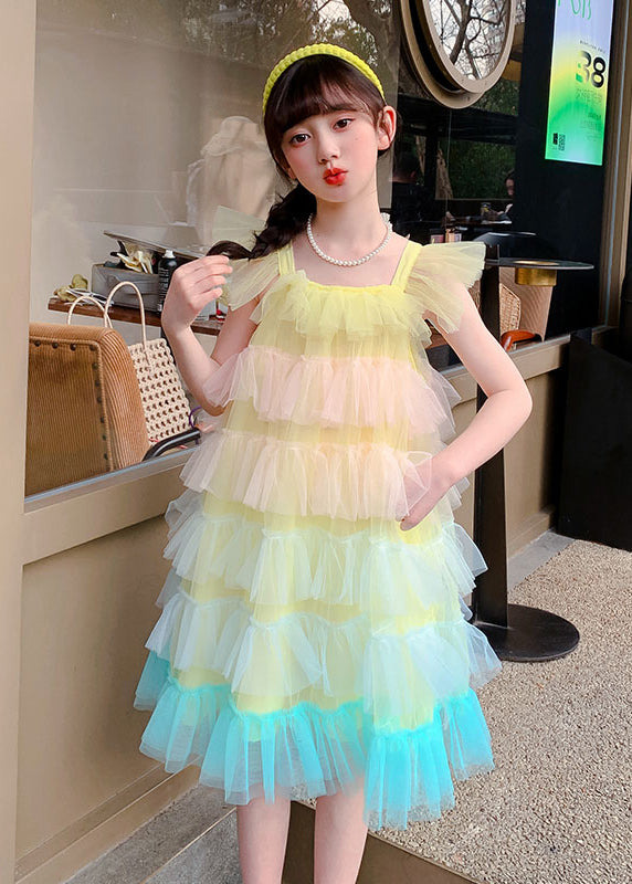 Boutique Pink Square Collar Layered Ruffled Tulle Kids Girls Beach Dresses Summer