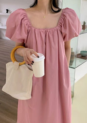 Boutique Pink Square Collar Wrinkled Patchwork Cotton Dresses Summer