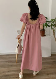 Boutique Pink Square Collar Wrinkled Patchwork Cotton Dresses Summer