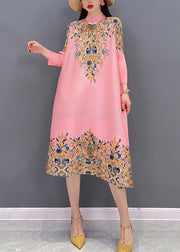 Boutique Pink Stand Collar Embroidered Print Satin Dresses Long Sleeve